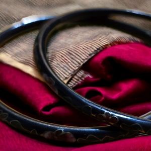 Cloisonne Enamel Flower Bangle Bracelet Vintage Set of 2